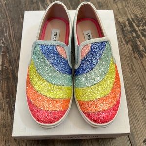 Never used denim ‘Steve Madden’ girl slip on sneakers in rainbow glitter colors